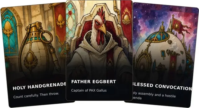 PAX Gallus cards: Holy Handgrenade, Father Eggbert and Blessed Convocation