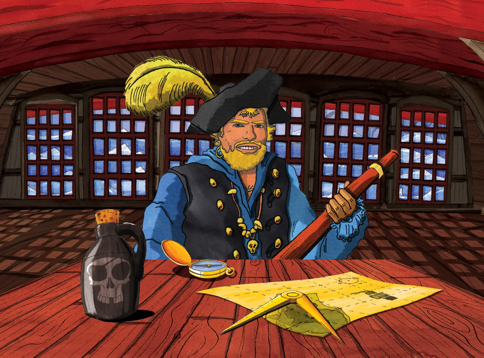 Pirate captain seated at a wooden table