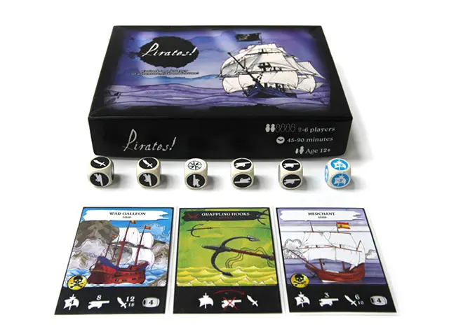 The Pirates card game box, custom dice and three playing cards