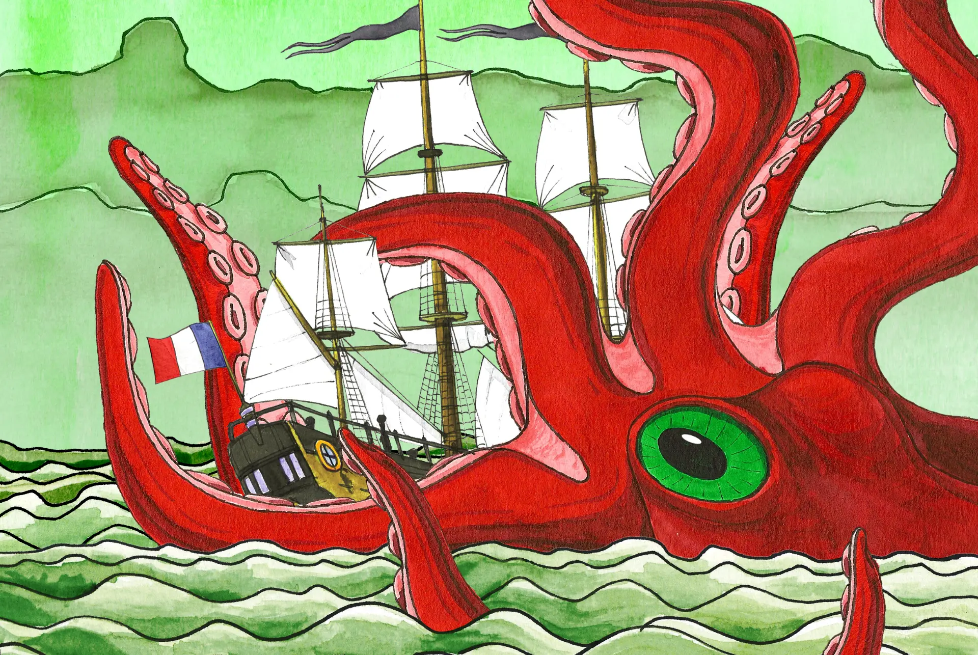 A sailing ship surrounded by a giant red kraken